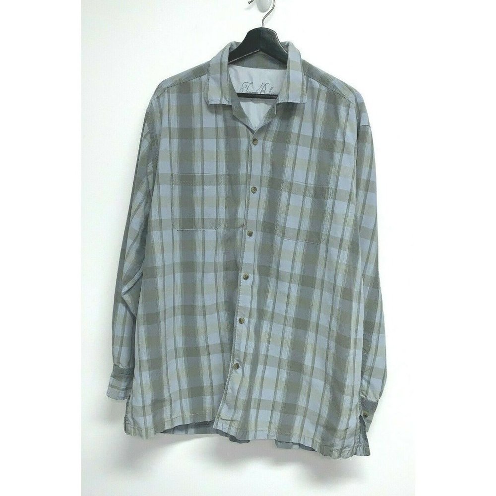 Tommy Bahama Mens Long Sleeve Button Shirt Size XL Blue Gray Plaid Silk Blend